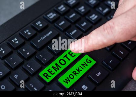 Konzeptionelle Darstellung Remote Working, ein Wort über eine Situation, in der ein Mitarbeiter hauptsächlich von zu Hause aus arbeitet Stockfoto