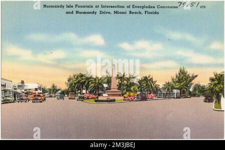 Normandy Isle Fountain an der Kreuzung Everglades Concourse und Normandy Drive, Miami Beach, Florida , Monuments & Memorials, Tichnor Brothers Collection, Postkarten der Vereinigten Staaten Stockfoto