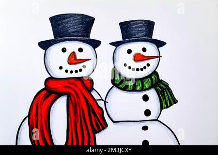 Zwei Schneemänner in Hüten und Schals isoliert auf weißem Hintergrund. Stockfoto