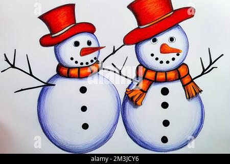 Zwei Schneemänner in Hüten und Schals isoliert auf weißem Hintergrund. Stockfoto