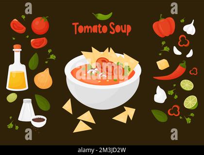 Rezept für mexikanische Tomatensuppe mit Füllungszutaten. Vektordarstellung lateinamerikanisches Gericht auf schwarzem Hintergrund im Cartoon-Stil. Stock Vektor