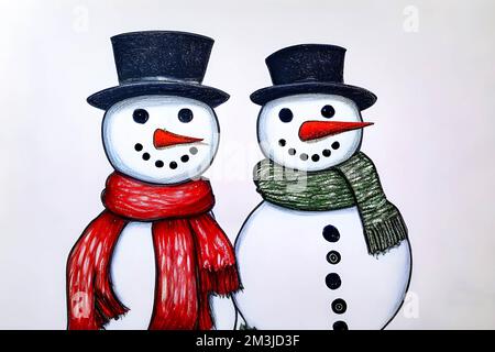 Zwei Schneemänner in Hüten und Schals isoliert auf weißem Hintergrund. Stockfoto
