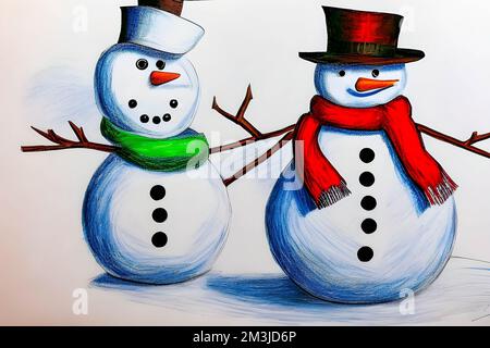 Zwei Schneemänner in Hüten und Schals isoliert auf weißem Hintergrund. Stockfoto