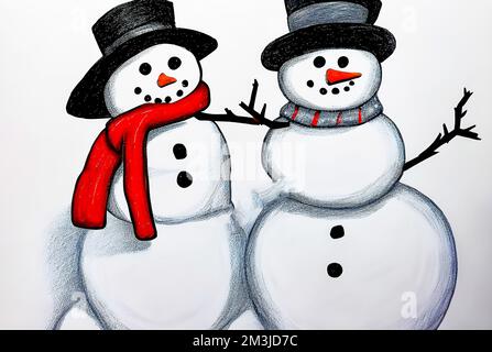 Zwei Schneemänner in Hüten und Schals isoliert auf weißem Hintergrund. Stockfoto