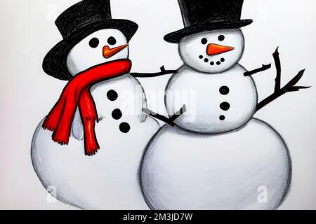 Zwei Schneemänner in Hüten und Schals isoliert auf weißem Hintergrund. Stockfoto