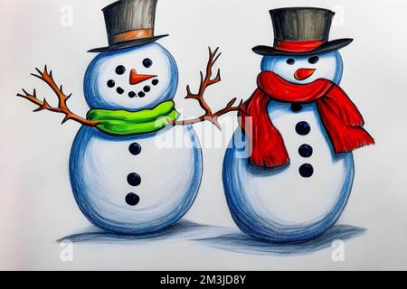 Zwei Schneemänner in Hüten und Schals isoliert auf weißem Hintergrund. Stockfoto