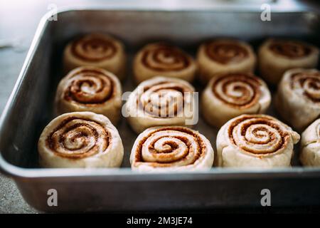 Aluminiumschale mit Zimtrollen vor dem Backen Stockfoto