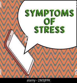 Text mit inspirierenden Symptomen von Stress. Das Internetkonzept dient als Symptom oder Zeichen, besonders für etwas unerwünschtes Stockfoto