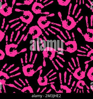 Nahtloses Muster leuchtend rosafarbener Handdrucke auf schwarzem Hintergrund, Struktur und Design Stockfoto