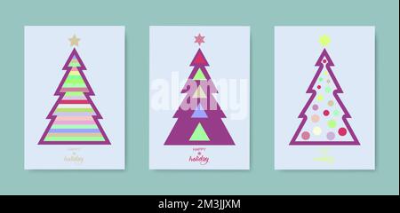 Vintage Happy Holiday-Cover. Weihnachtsbaum-Set-Karte. Designvorlagen mit Typografie, Saisonwünsche in modernem minimalistischem Stil für das Internet Stock Vektor