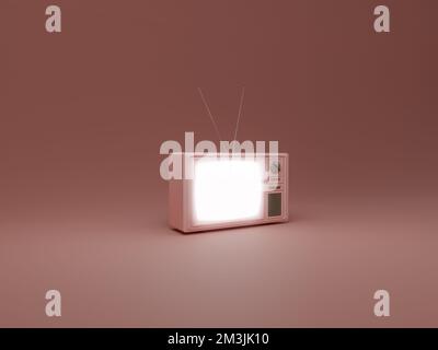 Altmodischer CRT-Fernseher mit pinkfarbenem Hintergrund und 3D-Rendering. Filme, Fernsehen mit veralteter Technologie, Nachrichten und Unterhaltung Stockfoto