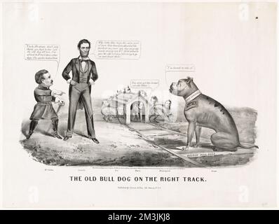 Der alte Bullenhund auf dem richtigen Weg, Präsidenten, Generäle, Eisenbahngleise, Hunde, Usa, Geschichte, Bürgerkrieg, 1861-1865, Lincoln, Abraham, 1809-1865, McClellan, George B. George Brinton, 1826-1885, Lee, Robert E. Robert Edward, 1807-1870, Davis, Jefferson, 1808-1889, Beauregard, G. T. Gustave Toutant, 1818-1893, Grant, Ulysses S. Ulysses Simpson, 1822-1885 Stockfoto