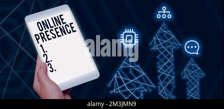 Text wird geschrieben Online-Präsenz wird angezeigt. Geschäftsbeispiele für die Existenz einer Person, die über eine Online-Suche gefunden werden kann Stockfoto