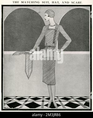 Passender Jersey-Anzug in Tweed mit diagonalem Streifen. Die Gürtellinie ist dort aufgestiegen, ohne Stundenglas in der Figur, nur sehr schlank und gerade. Datum: 1919 Stockfoto