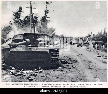 Verbrannter deutscher Panzer, Normandie; 2. Weltkrieg, 1944 Stockfoto