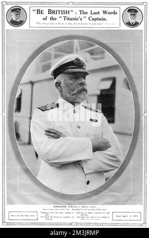 COMMANDER EDWARD. J. SMITH (1853-1912), Captain der unglücklichen Titanic. Commander Smith war ein hoch angesehener und erfahrener Kapitän, der an einer Reihe von White Star Liners gearbeitet hatte, bevor er die Titanic als Kapitän übernahm. Smith ging mit der Titanic unter; seine letzten Worte waren "Be British". Fotografiert in seiner weißen Sommeruniform, als Captain der RMS Olympic. Datum: 1912 Stockfoto
