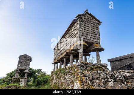 Wunderschönes Dorf Boano in Galicien, Spanien, einzigartig für seine Horreos, traditionelle Kornscheunen Stockfoto