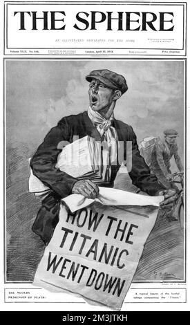 Die schicksalhafte Nachricht der Titanic, frisch aus der Presse. Die „Titanic“ wurde von der Werft Harland und Wolff für White Star Lines gebaut und war fast identisch mit ihrem Schwesterschiff „Olympic“ und konkurrierte mit Cunards „Lusitania“ und „Mauretania“. Auf ihrer Jungfernfahrt über den Atlantik schlug die Titanic am 15.. April 1912 auf einen Eisberg und sank mit dem Verlust von 1503 Menschenleben. Dieses Bild wurde von Fortunio Matania gezeichnet. Datum: April 1912 Stockfoto