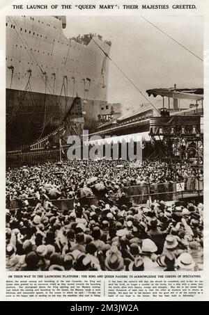 Foto von König George V. und Königin Mary (im Turm auf der rechten Seite) bei der Einführung von R.M.S. "Queen Mary" von John Browns Werft, Clydebank, 26.. September 1934. Der König und die Königin hielten an, um die Menge zu begrüßen, bevor sie zur Startplattform gingen. Der Bug des riesigen Schiffs ist links auf dem Bild zu sehen. 26. September 1934 Stockfoto