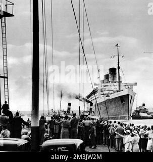 Queen Mary kommt 1936 in Southampton an. Stockfoto