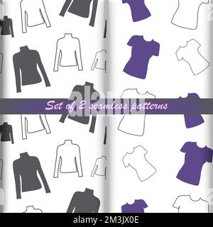 Set mit 2 endlosen Mustern von Outline Bekleidung langer, kurzärmeliger T-Shirt in trendigen Grau- und Violetttönen. Sich Wiederholende Textur. Layout für Geschenkpapier, Poster, Postkarten, Gruß- oder Preisetiketten, Banner Stock Vektor