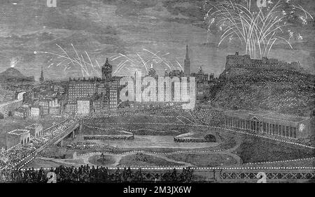 Die Beleuchtung der Altstadt von Edinburgh. Diese große Ausstellung war zur Feier der Hochzeit des Herzogs von Edinburgh, des zweiten Sohnes von Königin Victoria, mit Großherzogin Maria Alexandrowna, der einzigen Tochter von Kaiser Alexander III. Von Russland, die am selben Tag in St. Petersburg. 23.. Januar 1874 Stockfoto