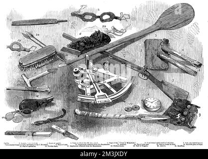 Überreste von Sir John Franklins schlechter Schicksalsexpedition von 1845, die von Francis Leopold McClintock im Jahr 1859 gefunden wurden. Zu den Gegenständen gehören Sir John Franklins Chronometer, ein Sextant, eine geladene Waffe, ein Messer mit der Initiale "W.R." und eine Kopie des "Vikars von Wakefield". Im Jahr 1845 schickte die britische Admiralität zwei polare Forschungsschiffe, HMS „Erebus“ und HMS „Terror“, um nach der Nordwestpassage um die Nordküste Kanadas zu suchen. Die Expedition auf Kommando von Sir John Franklin verschwand Ende 1845 und keiner der Männer wurde je wieder gesehen. Die Schiffe haben es geschafft Stockfoto
