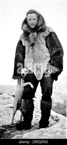 Foto von Konteradmiral Richard Byrd (1888-1957), dem amerikanischen Forscher, in seinen Pelzen bei kaltem Wetter und mit seinem Hund „Igloo“; Antarktis, c.1929. Admiral Byrd unternahm eine Reihe von Expeditionen in die Polarregionen und war der erste, der sowohl den Nord- als auch den Südpol überflog. Datum: 1930 Stockfoto