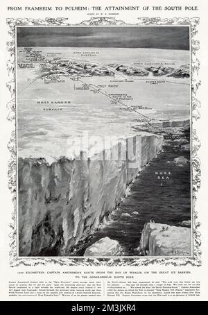Die Route, die Roald Amundsens Antarktis-Expedition von 1910-12, von ihrem Stützpunkt „Framheim“ am Ross-Meer zum Südpol nahm. Stockfoto