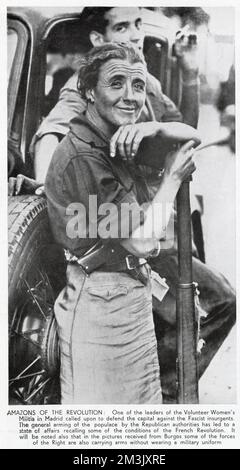 Einer der Mitglieder der Freiwilligen Frauenmiliz, 1936 in Madrid abgebildet. Milizen wie diese leisteten der republikanischen Regierung im Spanischen Bürgerkrieg wertvolle Dienste. Stockfoto