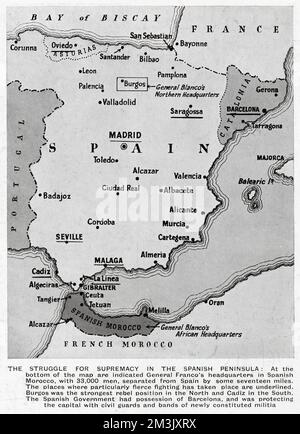 Karte Spaniens, die die Situation zu Beginn des Spanischen Bürgerkriegs, Juli 1936, zeigt. Die schwersten Kämpfe fanden im Juli an den auf der Karte hervorgehobenen Orten statt: Madrid, Barcelona, Oviedo, Saragossa, Sevilla, Malaga, Cadiz und La Linea. General Francos Armee von Afrika befand sich im spanischen Marokko, während Francos Hochburg in Nordspanien um die Stadt Burgos herum lag. Stockfoto