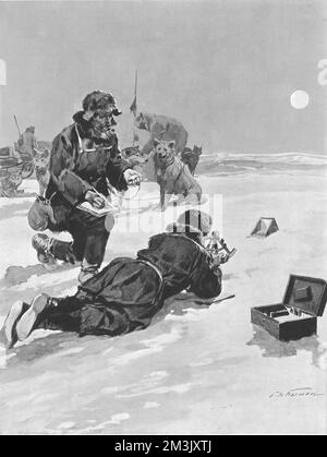 Wie die Mitglieder von Roald Amundsens Antarktis-Expedition von 1910-12 ihre Position mit einem Sextant und einem künstlichen Horizont kalkulierten; Südpol, 1911. Amundsen und vier andere waren die ersten Entdecker, die im Dezember 1911 den Südpol erreichten. Datum: 1912 Stockfoto
