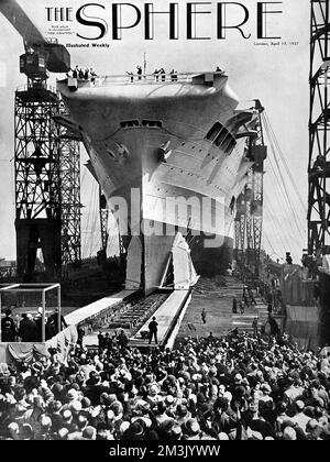 Start der HMS „Ark Royal“, Birkenhead, 1937. Stockfoto