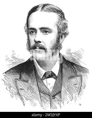 Gravur von A.J. Balfour, 1.. Graf von Balfour; konservativer Politiker und Philosoph. 1887 Stockfoto