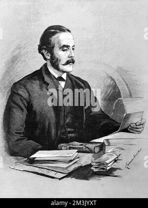 Porträt von A.J. Balfour, konservativer Politiker und Philosoph; als Chefsekretär Irlands gezeichnet. Datum: 1887 Stockfoto