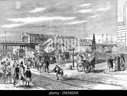 Pier Head Station der Liverpool Docks Overhead Electric Railway. Diese Personenbahn, die sieben Meilen durch die Docks von Liverpool fuhr, wurde am 4.. Februar dieses Jahres vom Marquis von Salisbury eröffnet. 1893 Stockfoto