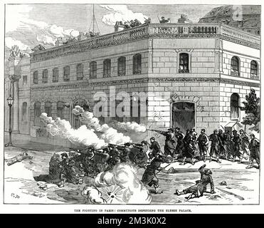 Kommunisten verteidigen Barrikaden in der Nähe des Elysee-Palastes, während des Kampfes mit den Truppen der Versailles-Regierung, Paris, 1871. Datum: 1871 Stockfoto
