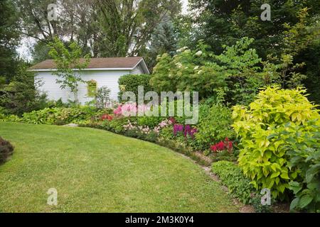 Im Sommer gibt es im Garten des Hinterhofes gemischte Pflanzen, Blumen, Sträucher und Lagerhaus. Stockfoto