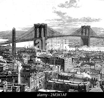 Die Brooklyn Bridge, New York, 1883. Stockfoto