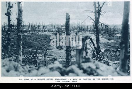 Ein Blick auf Thiepval Wood, Schauplatz schwerer Artilleriebombardierungen durch die britische Armee während des Ersten Weltkriegs. Stockfoto