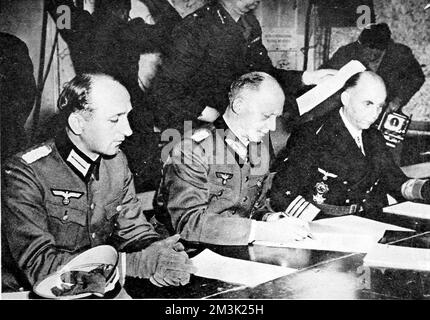 Die Bedingungslose Kapitulation Deutschlands; Zweiter Weltkrieg 1945. Stockfoto