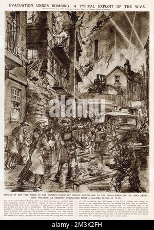 Die Evakuierung von Zivilisten durch den Frauendienst während eines deutschen Luftangriffs am East End von London. Diese Luftangriffe, die zur Zerstörung eines Großteils dieses Teils Londons führten, wurden allgemein als „Blitz“ bezeichnet. Stockfoto