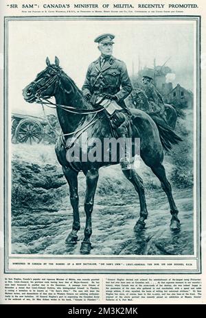 Sir Samuel Hughes (1853-1921), der kanadische Milizminister, wurde während des Ersten Weltkriegs auf einem Pferderücken in Frankreich fotografiert. Datum: 1916 Stockfoto