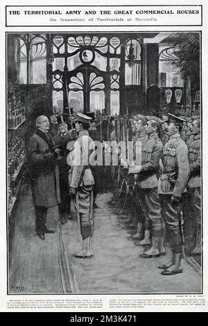 Inspektion einer Einheit der Territorialen Armee, aufgewachsen von Ladenmitarbeitern, im Kaufhaus Harrods, London. Stockfoto