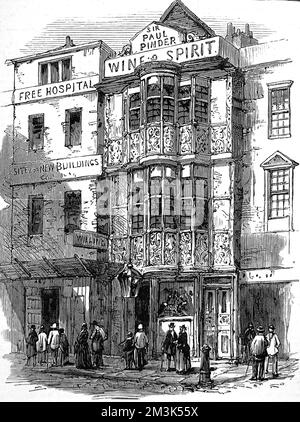 Außenansicht des Gebäudes, das das erste Haus von Sir Paul Pindar und später die Taverne „Paul Pindar's Head“ war, in der Bishopsgate Street, London, 1878. Dieses Gebäude wurde später in diesem Jahr abgerissen. Sir Paul Pindar war ein reicher Kaufmann zur Zeit von Königin Elizabeth I. und König James I. Datum: 1878 Stockfoto