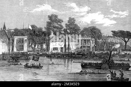 Das Ende des Race for Thames Watermen for Doggett's Coat and Badge, Chelsea. Dieses Rennen auf der Themse zwischen Old Swan, London Bridge und White Swan, Chelsea, findet jährlich statt. 1869 gewann George Wright das Rennen. Datum: 1869 Stockfoto