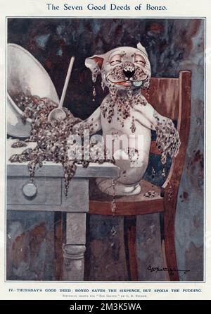 Die Sieben guten Taten von Bonzo (Donnerstag) -- er rettet den Sixpence, verdirbt aber den Pudding. George Ernest Studdy (1878-1948) war der Schöpfer von „Bonzo“, einem kleinen Hund mit untertassenähnlichen Augen und wahlloser Zucht, der erstmals 1922 in der Skizze erschien. Der „Bonzo“-Wahnsinn durchwühlte die Welt und führte zu Postkarten, Einjahreszeitschriften, Spielzeug und anderen Waren. Studdy produzierte auch vor und nach Bonzo eine große Menge Arbeit für The Sketch, einschließlich seiner späteren Erschaffung, Ooloo, die Katze. Seine frühen Zeichentrickhunde waren einfach als „Studdy Dog“ bekannt, bis die Leser einen Namen verlangten und Bruce Ingram, der ILN-Redakteur Stockfoto