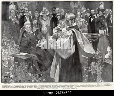 Die Taufe von Prinz Henry William Frederick Albert (1900 - 1974), später Herzog von Gloucester, im Schloss Windsor in Berkshire, 1900. Zu den Teilnehmern der Veranstaltung in der privaten Kapelle der Königin im Schloss zählten Königin Victoria (links) und der Prinz und die Prinzessin von Wales (rechts). Stockfoto