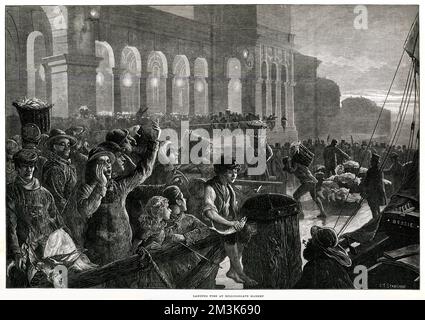 Landing Fish am Billingsgate Market, London 1881 Stockfoto