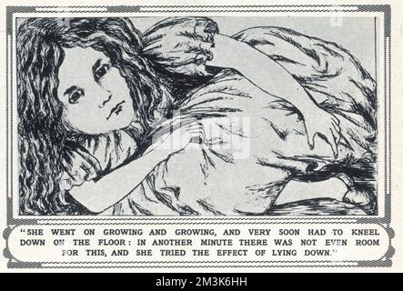 Abbildung aus dem Originalmanuskript von "Lewis Carroll's" (Rev. C.L. Dodgson) „Alice im Wunderland“, wobei „Alice“ zusammengerollt war, als sie wuchs und wuchs. Die Zeichnungen von Reverend Dodgson (einschließlich dieses) wurden von Sir John Tenniel für seine Illustrationen in die erste Ausgabe von „Alice im Wunderland“ kopiert. Datum: 1862 Stockfoto